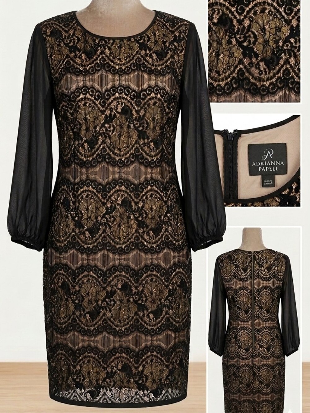Womens Adrianna Papell mixed media sheer sleeves sheath party dress